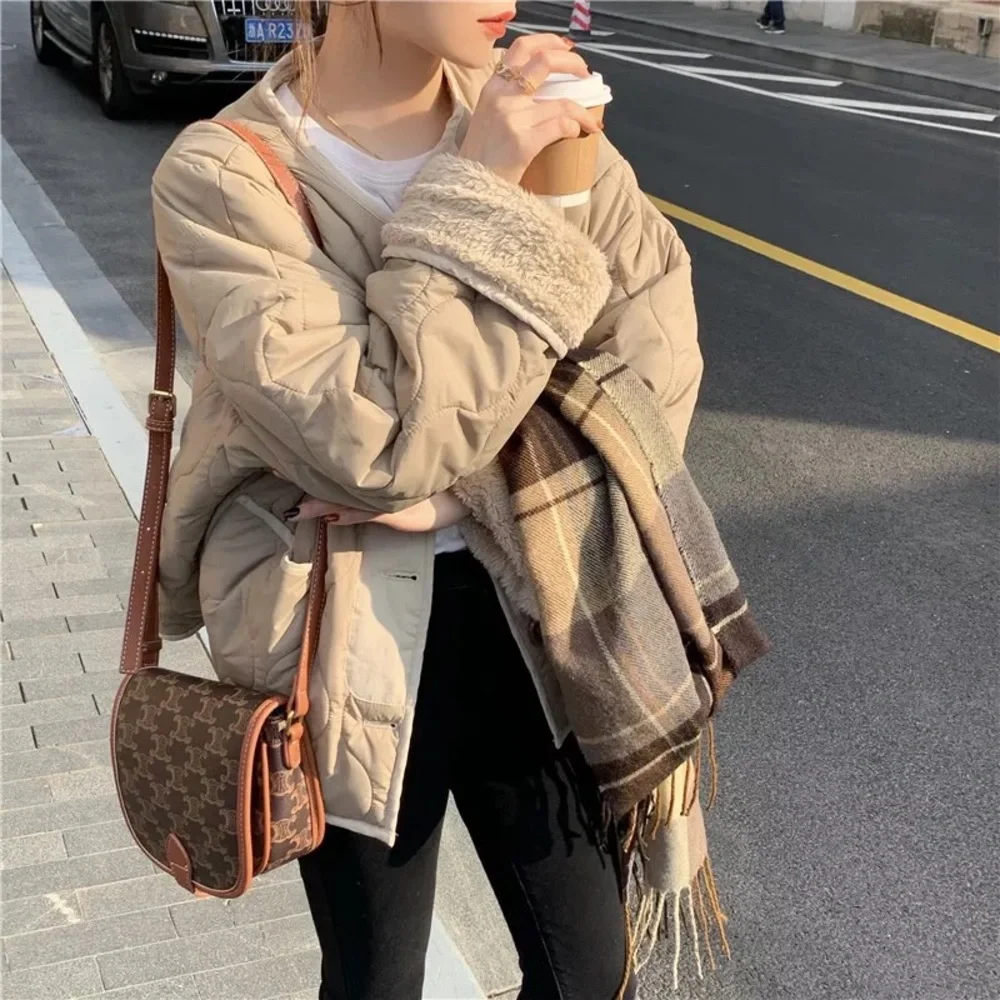 Coat jacket reversible cozy khaki beige tan pocket quilted puffer pocket women - Picture 8 of 15